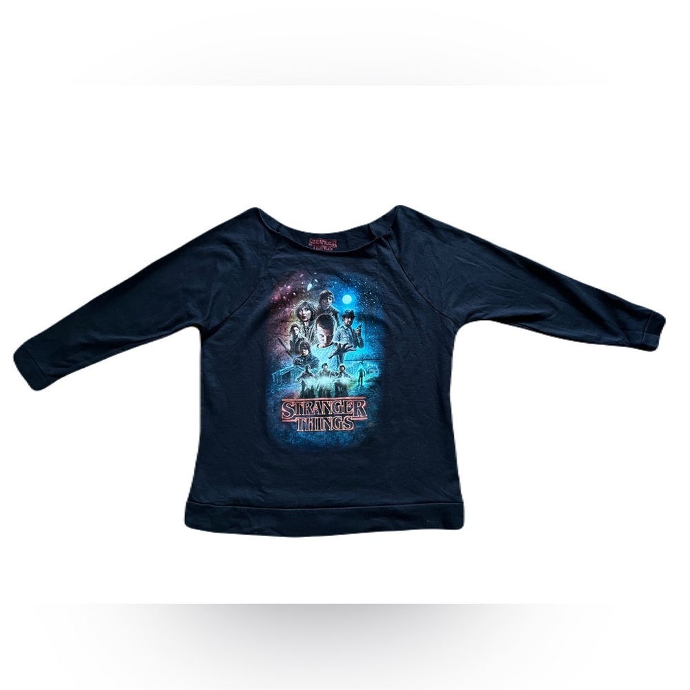 Stranger Things womenโs large long sleeve knit top, graphic print, black